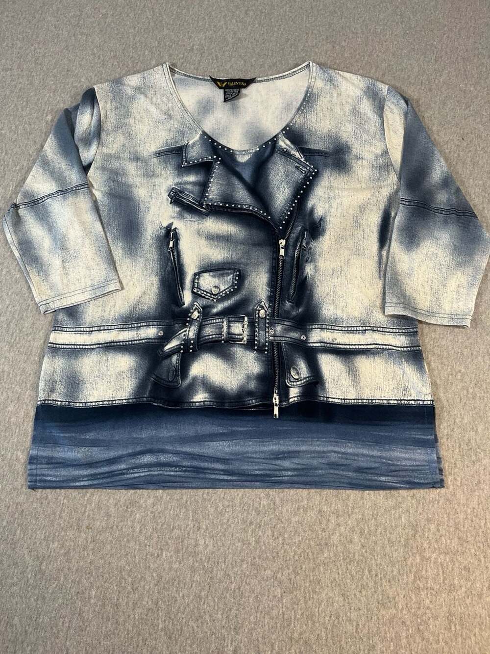 Valentina Acid Wash Denim Effect Print Jacket T-Shirt Top Women’s Size L